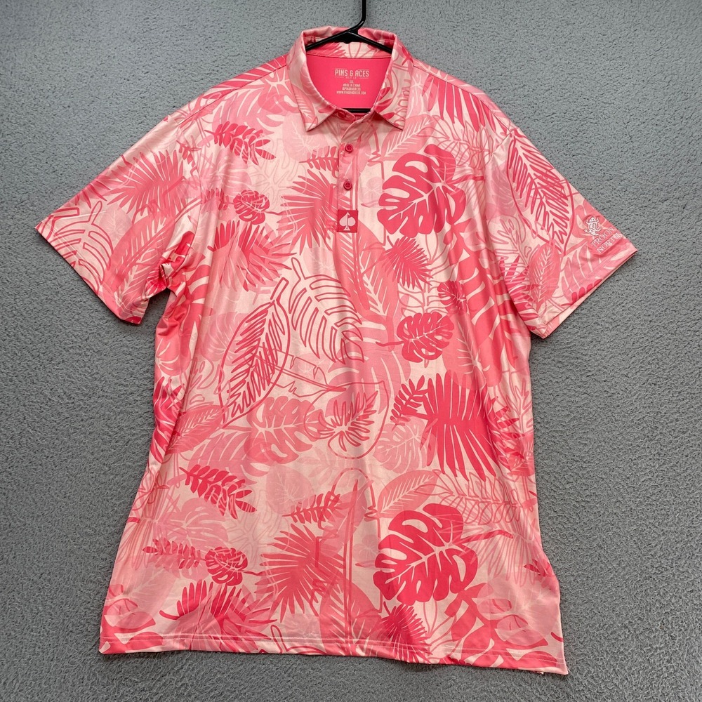 Pins & Aces Golf Polo Shirt Mens XXL / 2XL Hawaiian Floral Pink Troon North